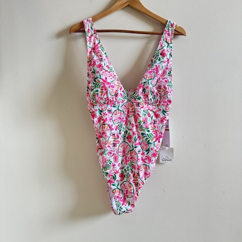 NEW Cece One piece Swimsuit Women's 14 Floral Pink Romantic Rouching Feminine